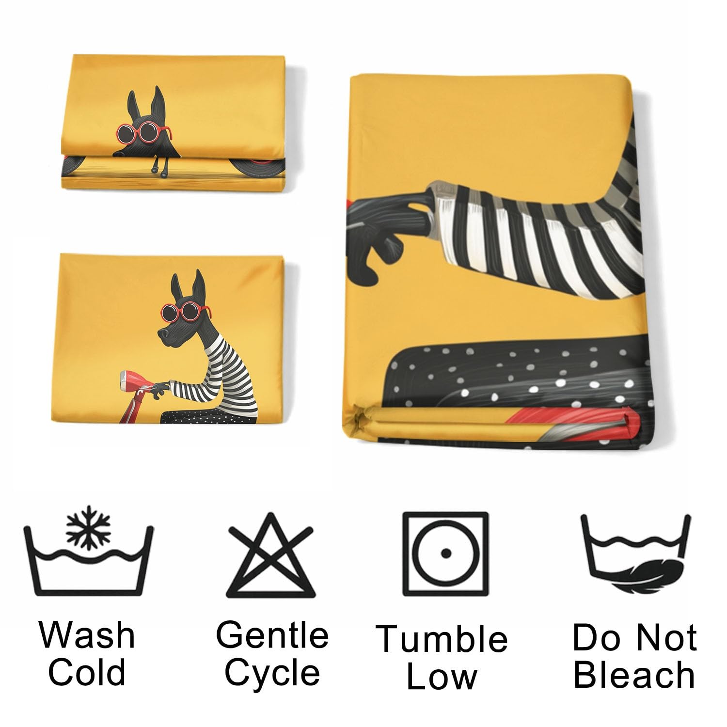 Copripiumino da 180 x 200 cm, di alta qualità, colore giallo senape, resistente al colore, motivo cane nero, scooter, occhiali da sole, libro per bambini, ragazzi e adulti