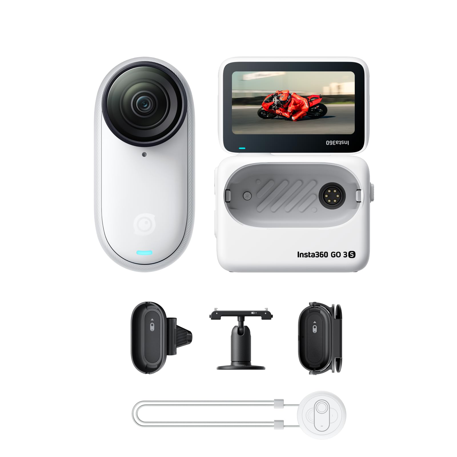 Insta360 GO 3S Blanc Arctique (128GB) Pack POV Moto- Petite caméra de vlog 4K, POV Mains Libres, Montage Partout, stabilisation, 140 Min d'autonomie, étanche à 10 m, édition IA, pour Voyage, vlog