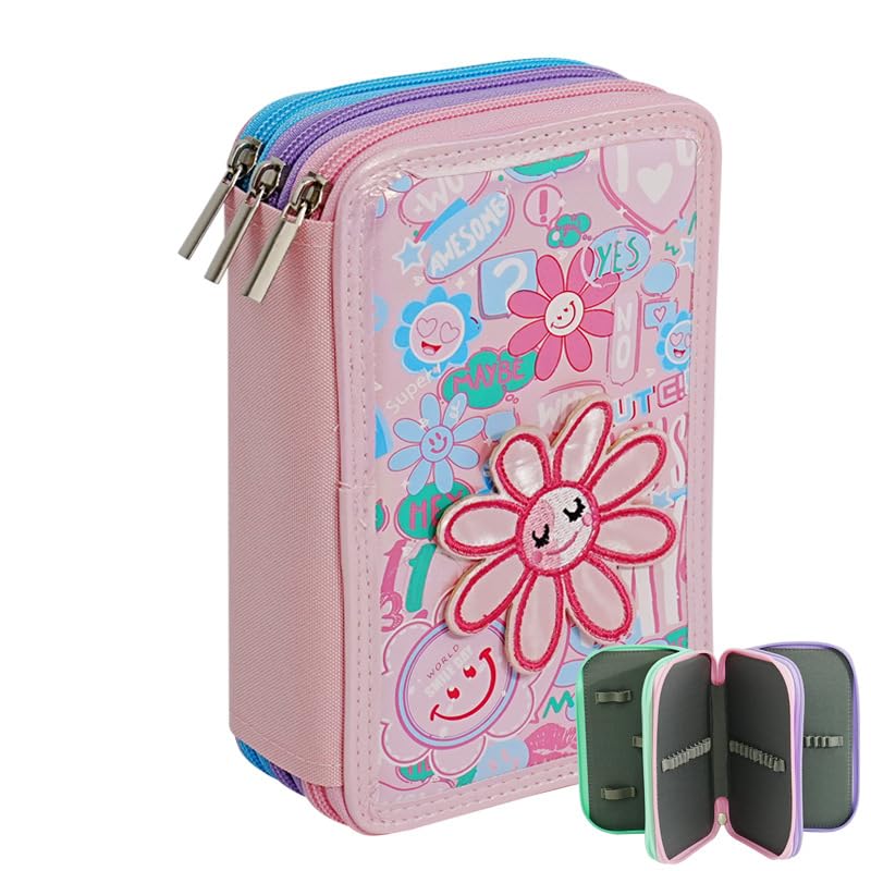 Veroa Pencil Case with 3 Compartments - Square, 3D flowers., L, cute โ image 1