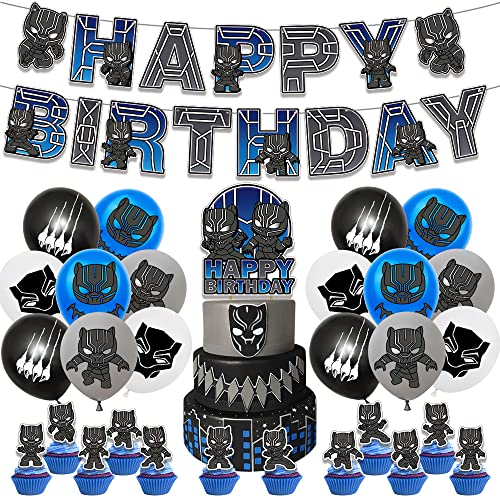 Black Panther Décorations de Fête D'Anniversaire Black Panther Ballons Décorations de Fête pour Bannière Gâteaux Topper Ballons Cadeaux d'Anniversaire pour Enfants Cover