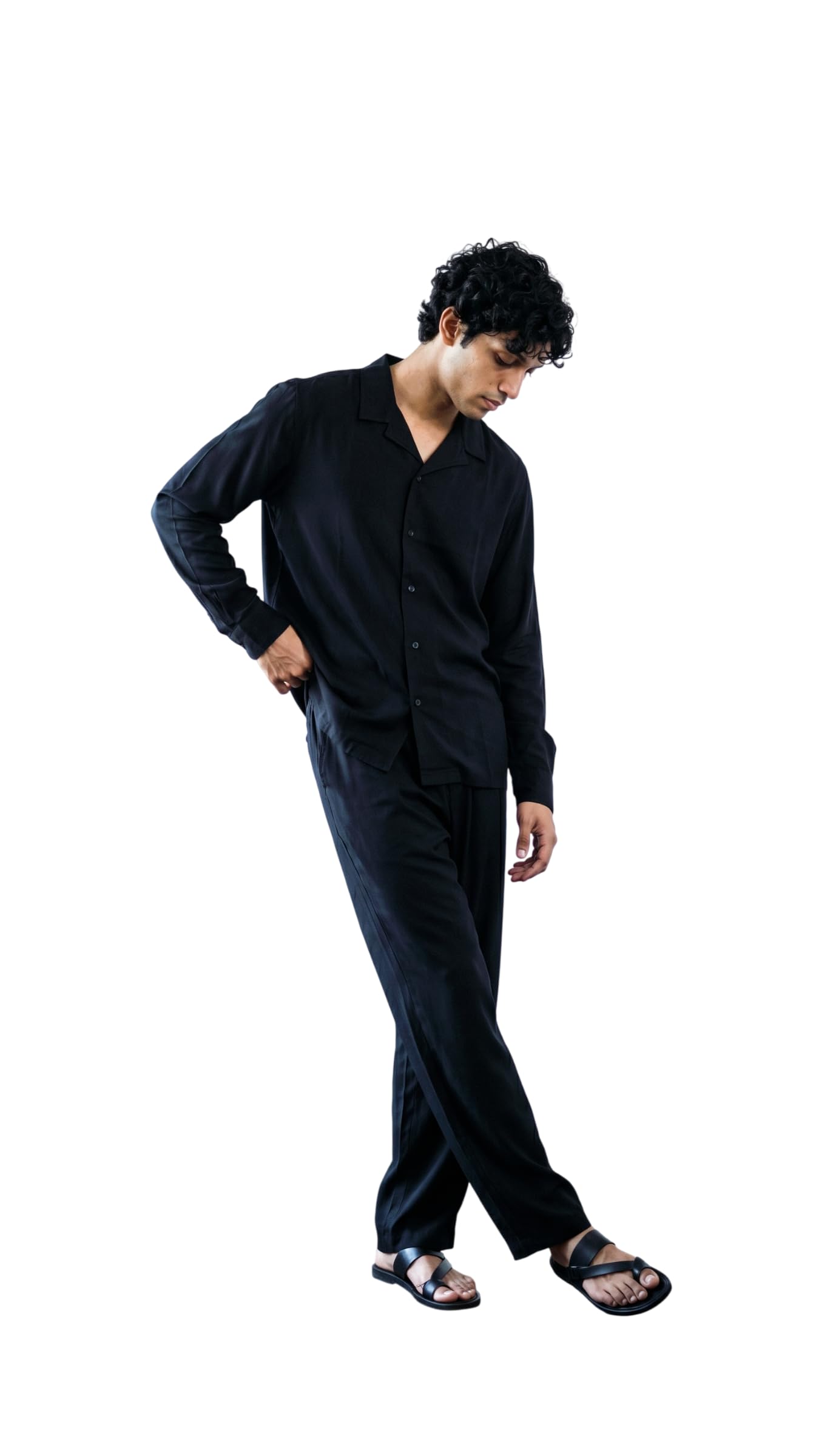 gentleren unleash the gentleman in you Mens Viscose Solid Relaxed Fit Co-Ord Set | Cuban Collar Neck | Full Sleeves Button Closure | Breathable Fabric | Stylish Shirt & Trouser Set | Black | Size S-picture-49