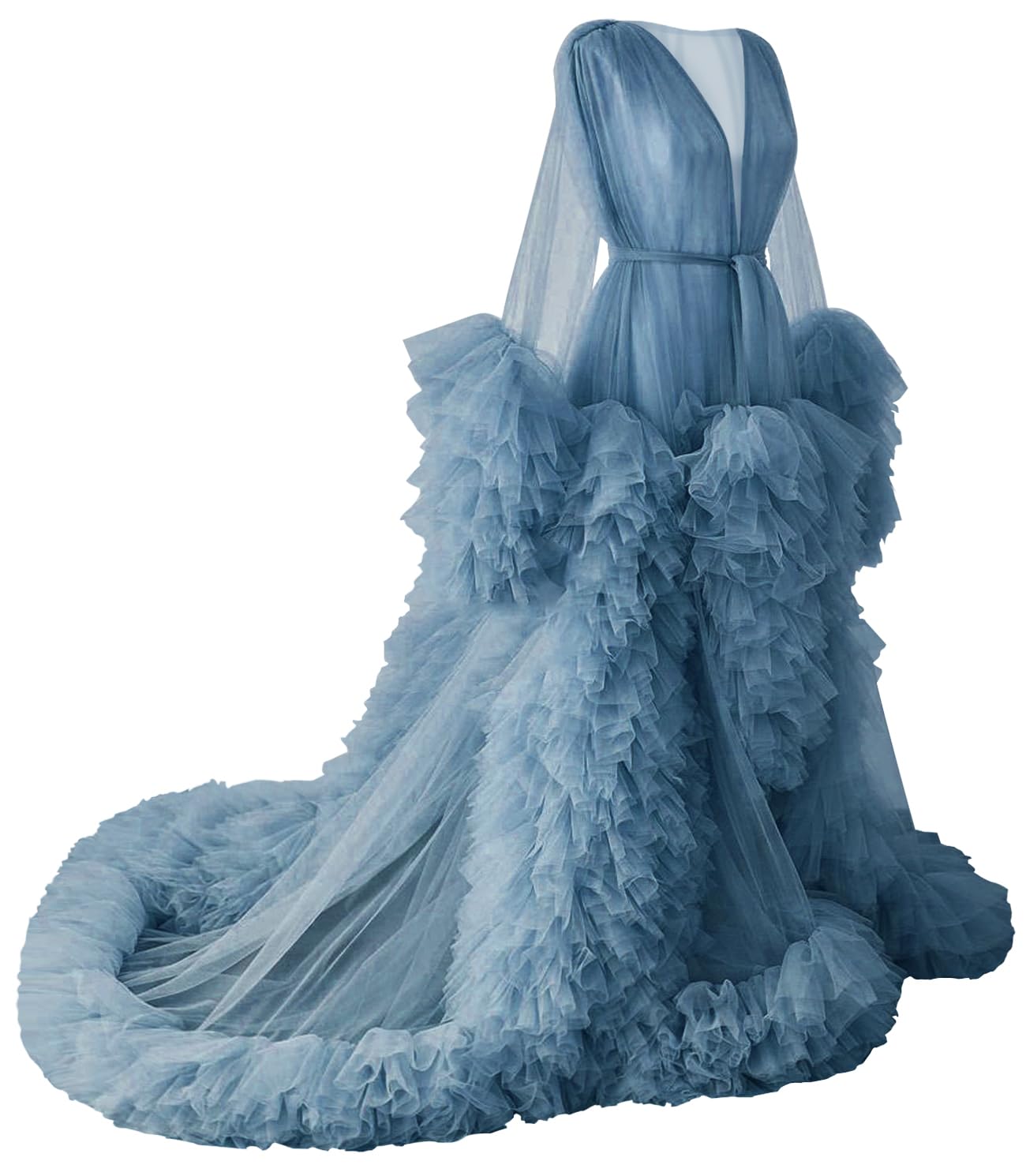 BATHGOWN Sexy Illusion Long Lingerie Tulle Robe Nightgown Bathrobe Sleepwear Bridal Robe Wedding Scarf