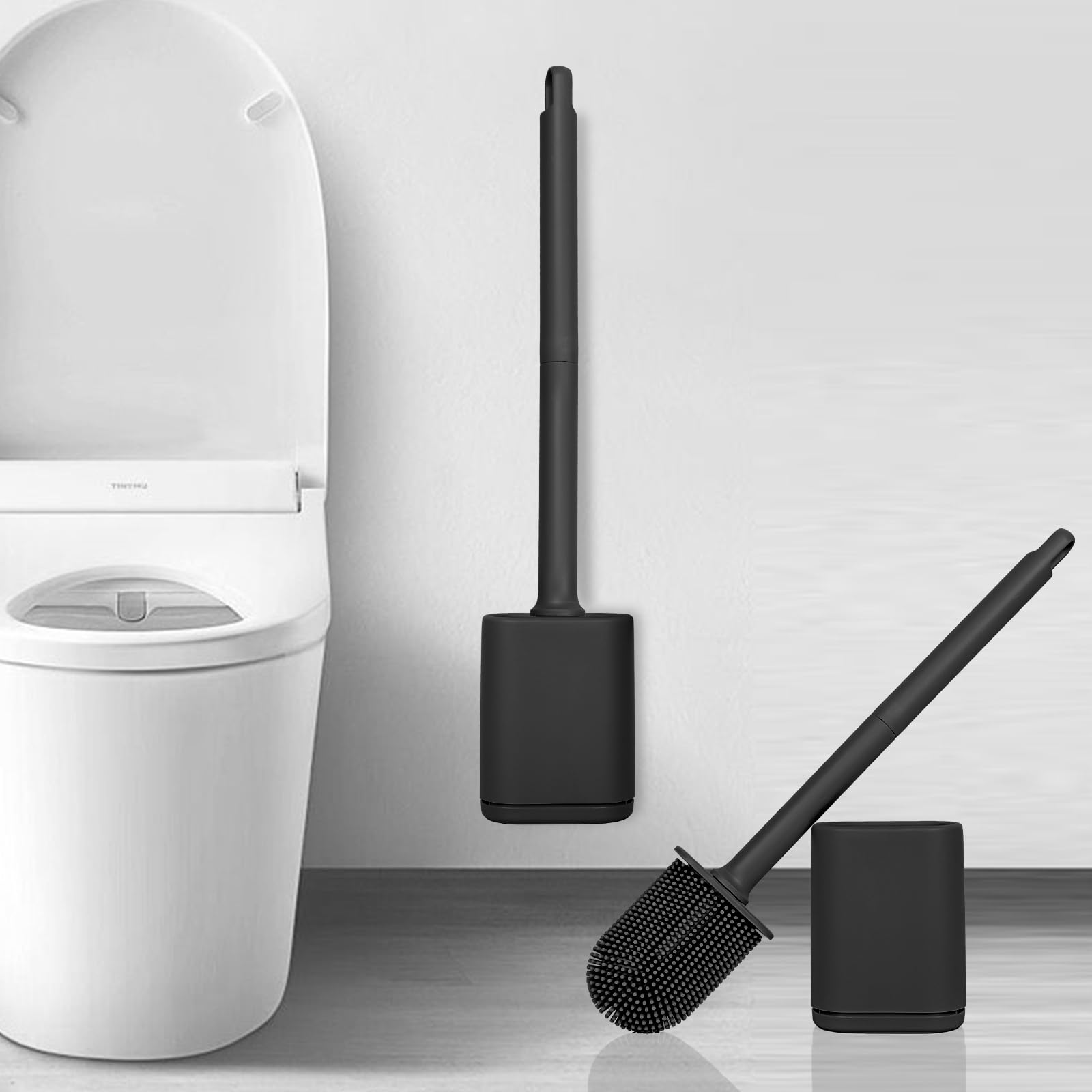 Cozary Escobillas De Baño,Escobilla Baño Silicona, Cerdas Gruesas, Material TPR, Montaje Mural O sobre El Piso, Instalación Sin Orificios para Facilitar La Limpieza (Negro, 1 Pieza)