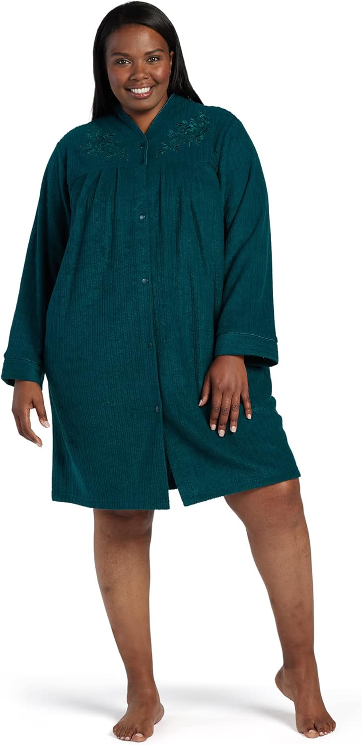 Miss Elaine Women's Brushed Back Terry Short Robe, Snap Front, Sleepwear and Loungewear