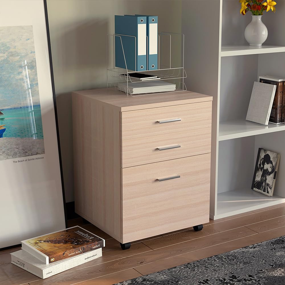 BAKAJI Cajonera móvil para escritorio, mueble para impresora de madera MDF con 3 cajones y 4 ruedas giratorias, diseño moderno, decoración para casa u oficina. Dimensiones: 46,5 x 45 x 64 cm (Olmo)