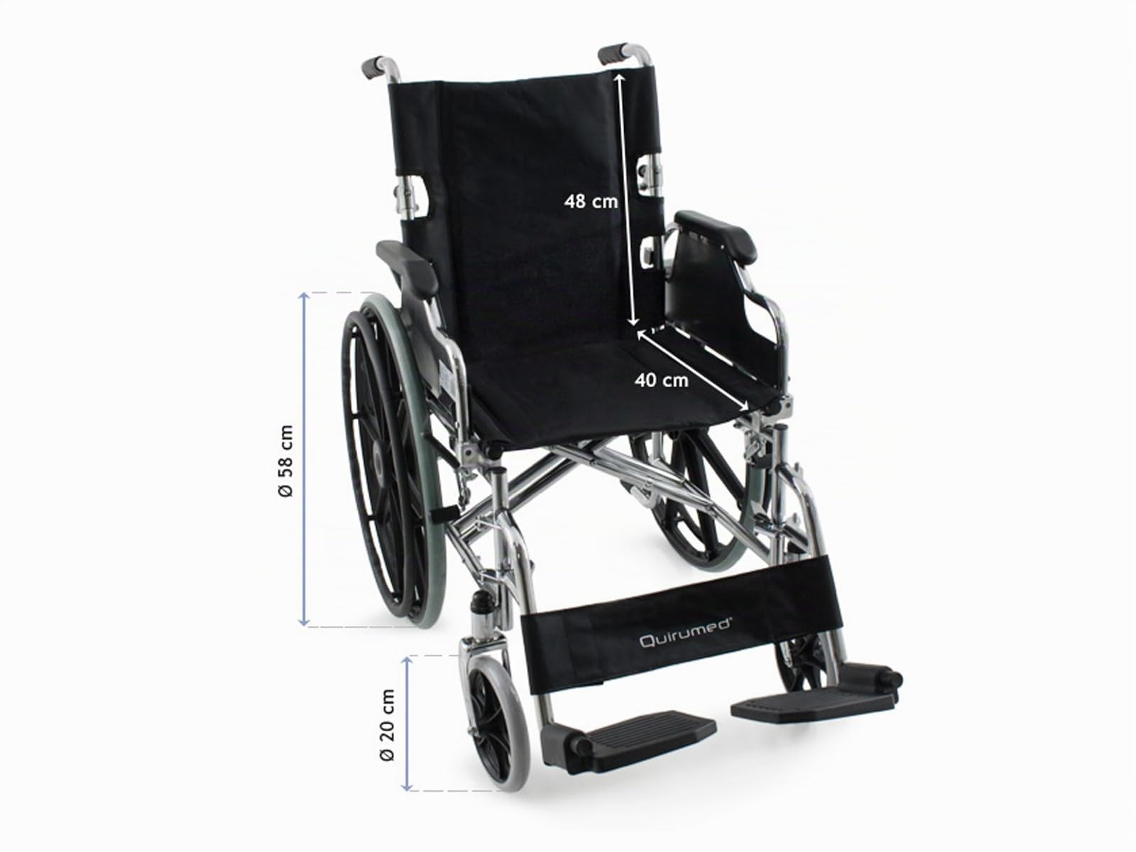 QUIRUMED Fauteuil roulant en acier chromé PRO, Pliable, Roues pleines, Dossier rabattable, Accoudoirs rabattables, Repose-pieds amovibles, Freins à main