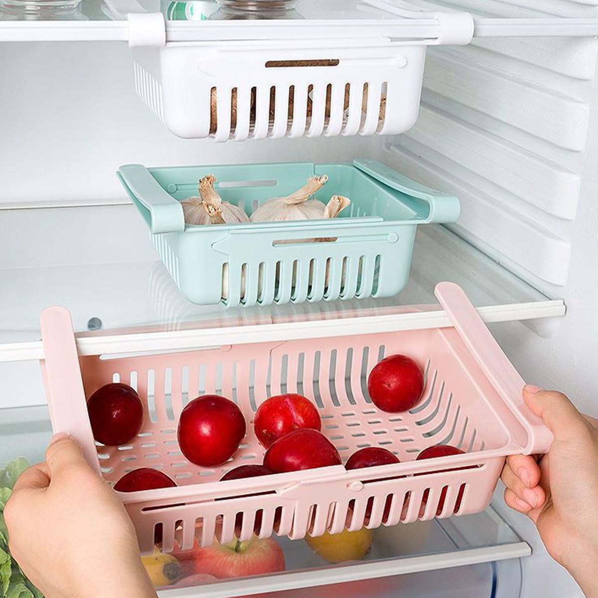 BUYGOO Cassetti Frigo per Frigoriferi 4PZ Contenitori Frigorifero Salvaspazio Set Organizer Estensibile per Frigorifero Ripiano Regolabile Cassetto Frigorifero Estraibile Cestini per Frigorifero