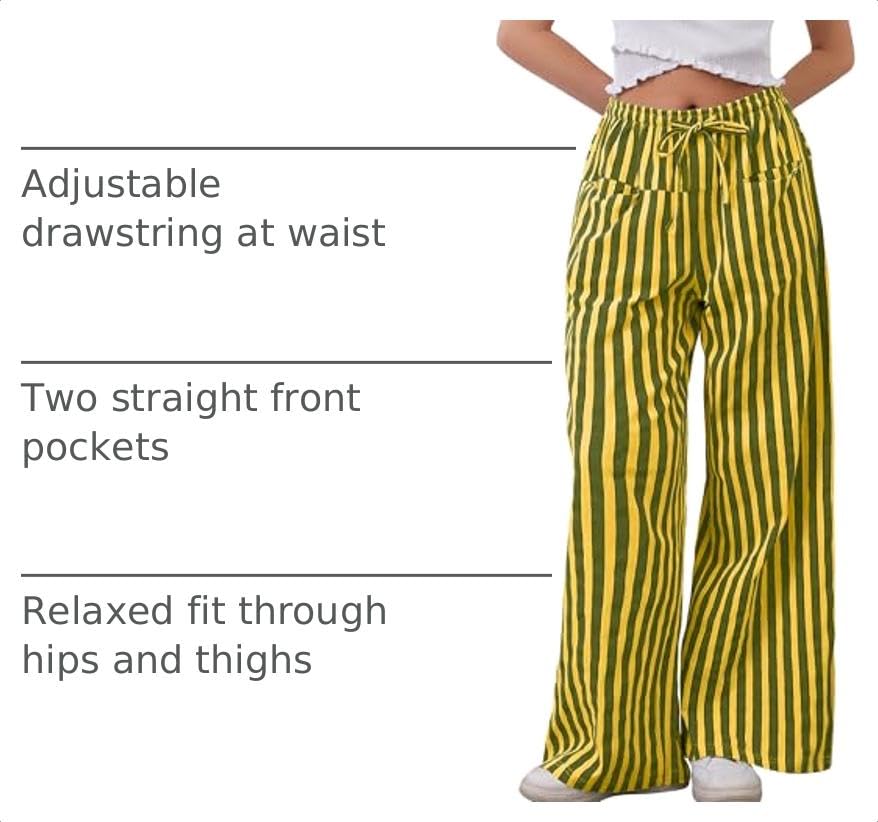 Image of MISSACTIVER Women Drawstring Striped Pants Loose Wide Leg Trousers Casual Low Waist Pants Comfy Lounge Pants with Pockets