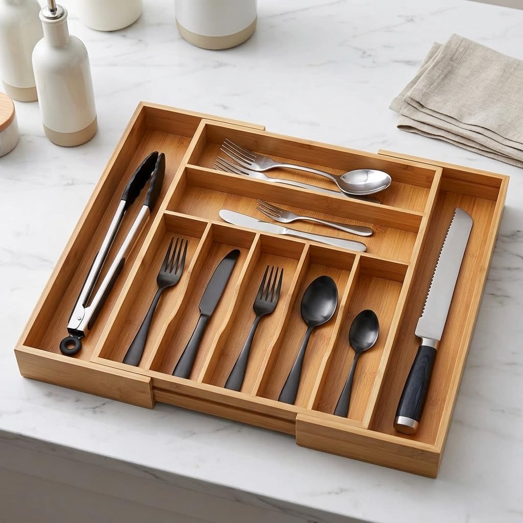 Bamboo Expandable Drawer Organizer for Kitchen Utensils, Adjustable Cutlery Tray Divider with Multiple Compartments