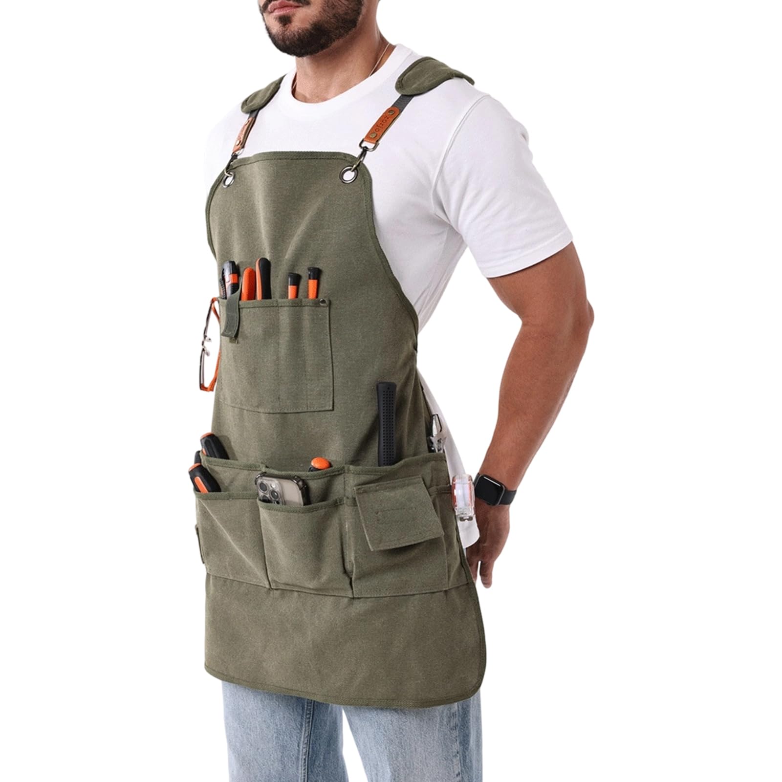 Delantal de trabajo de lona diseñado para mayor durabilidad con correas acolchadas y numerosos bolsillos para guardar todas las herramientas de forma segura en carpintería Delantal impermeable