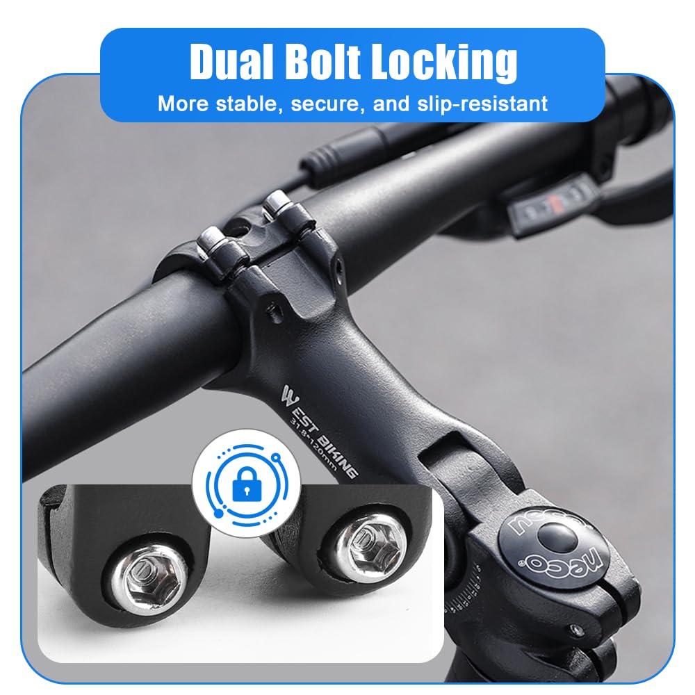Attacco Manubrio Regolabile in Alluminio – Compatibile con 25,4 mm e 31,8 mm, Inclinazione ±60°, Doppia Vite di Serraggio, per MTB, Bici da Strada ed E-Bike con Stelo da 28,6 mm