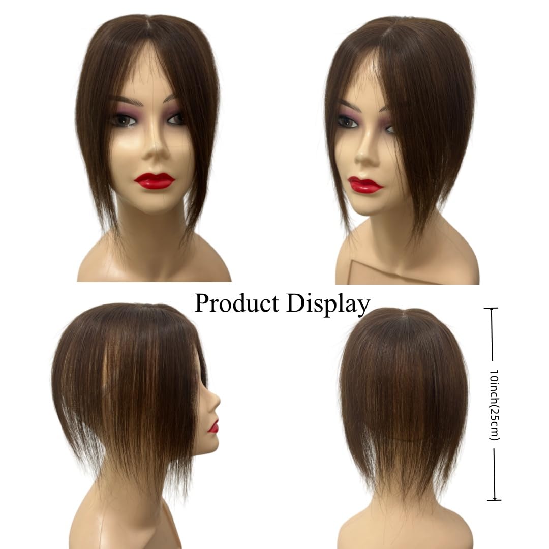 Hook and Loop Strap Human Hair Bangs No Clips Magic Paste Hair Toppers For Women Easy to Wear Hairpieces (8 * 11cm Dark Brown No Bangs)