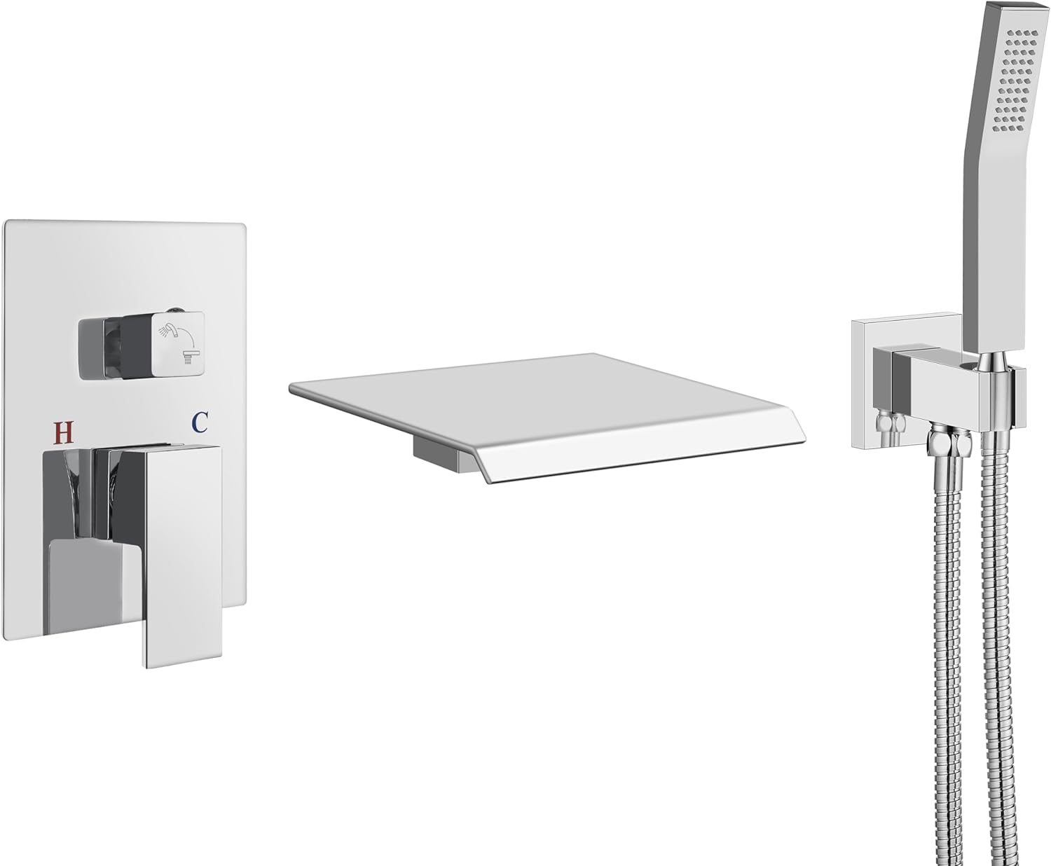 Aolemi Wall Mount Bathtub Faucet Set,Waterfall Tub Filler with Handheld Shower,Single Handle Solid Brass Tub Faucet with Rough-in Valve,Polish Chrome