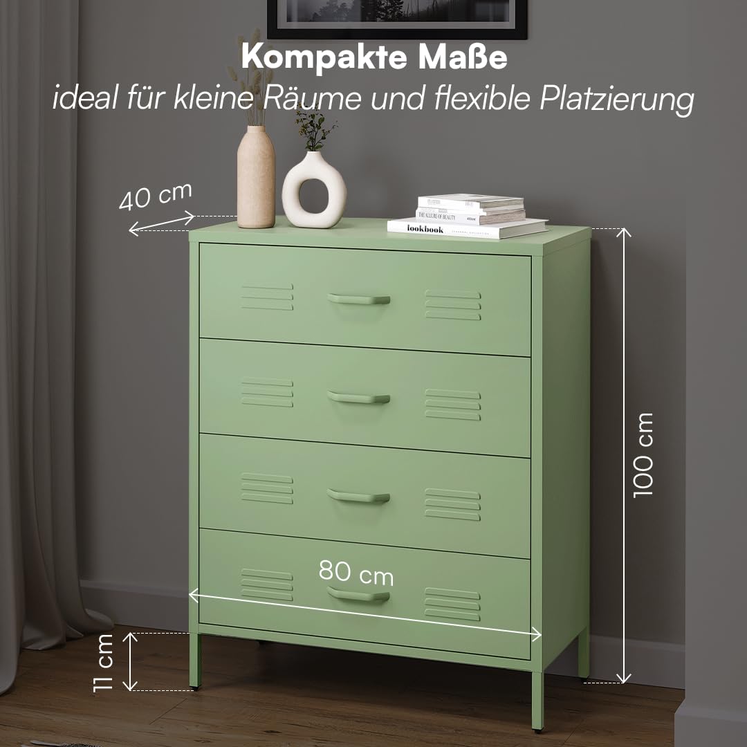 skølm Atria Metall Kommode – Sideboard mit 4 Schubladen – Metallschrank in Mintgrün – Mehrzweckschrank 100x80x40 cm (HxBxT) – Aufbewahrungsschrank/Flurschrank/Schubladenschrank/Industrial Highboard