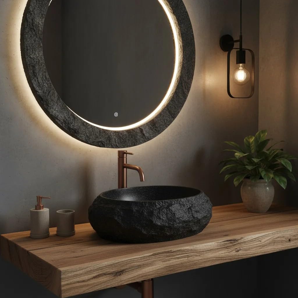 Rea - Lavabo sobre encimera Mika - Piedra Compuesta Artificial - Negro - 48x38x11,5 cm