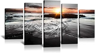 Sponsored Ad - 5 Panels Large Sea Sunrise Paintings on Canvas Wall Art Modern Seascape Pictures Black and White Ocean Beac...