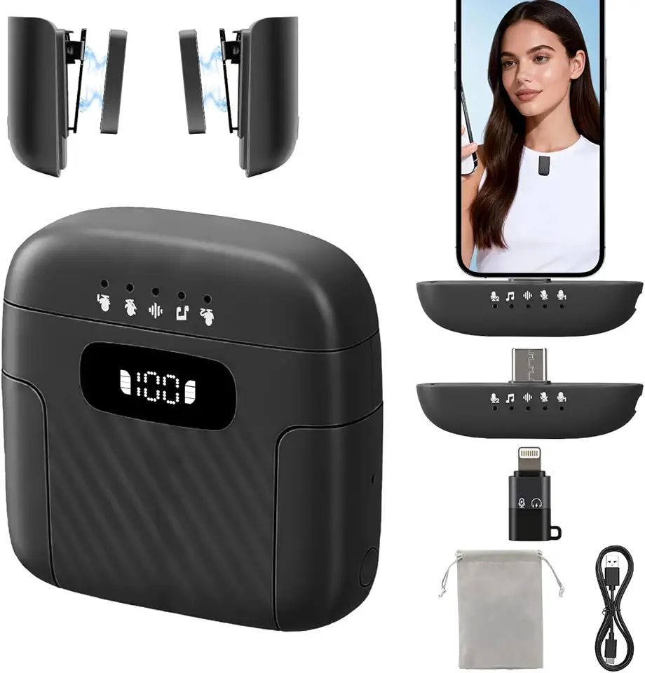 microfone de Lapela Sem Fio, Três mudanças de voz, 50m Alcance + 3 Modos de Cancelamento de Ruído(2TX+1RX), Com Estojo de Carga,para Celular, iPhone, Gravação, Lives, Reuniões e Vlogs(Preto)