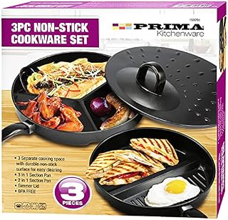 3 Pcs Prima Divided Non Stick Wonder Kitchen COOKWARE Chef Pot Set Home Breakfast Cooking Combo Multi Section Frying & Grill Breakfast Griddle PAN Durable Simmer LID Gift Box UK Free P&P