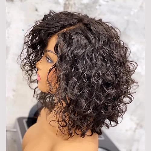 Peluca corta suelta de onda profunda HD invisible con encaje frontal, cabello humano brasileño Pixie corto rizado Bob corte Bob 13x6 HD transparente