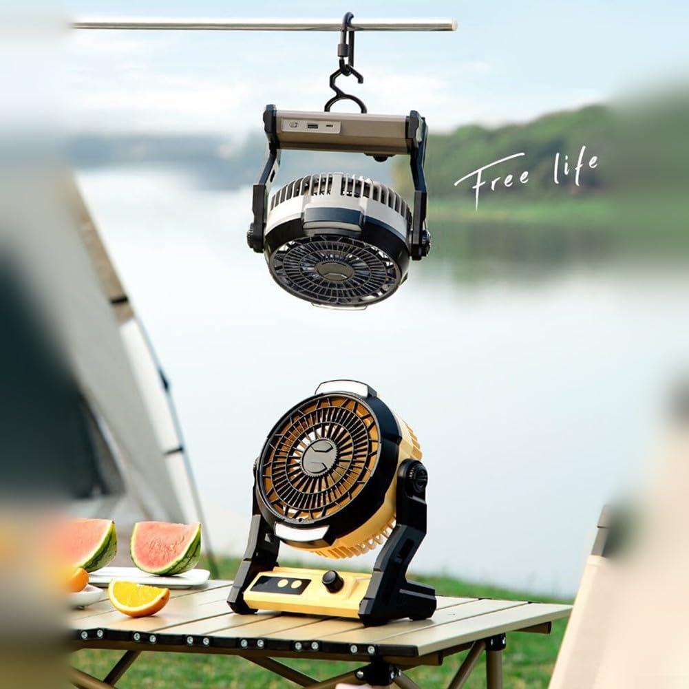 Ventilador portátil de 10000 mAh con iluminación LED de modo dual, temporizador y control de velocidad ajustable para camping y uso al aire libre (gris)