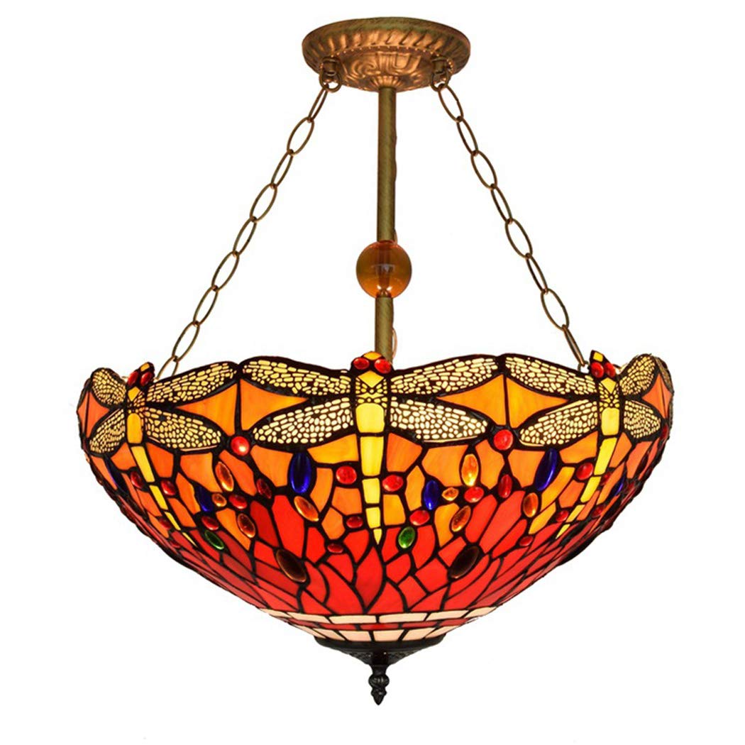 HJRegaFimu 17in Pendant Lamp Creative Dragonfly Stained Glass Design Chandelier Vintage Restaurant Living Room Bedroom Hotel Anti-chandelier 110-240v Comfortable Anniversary