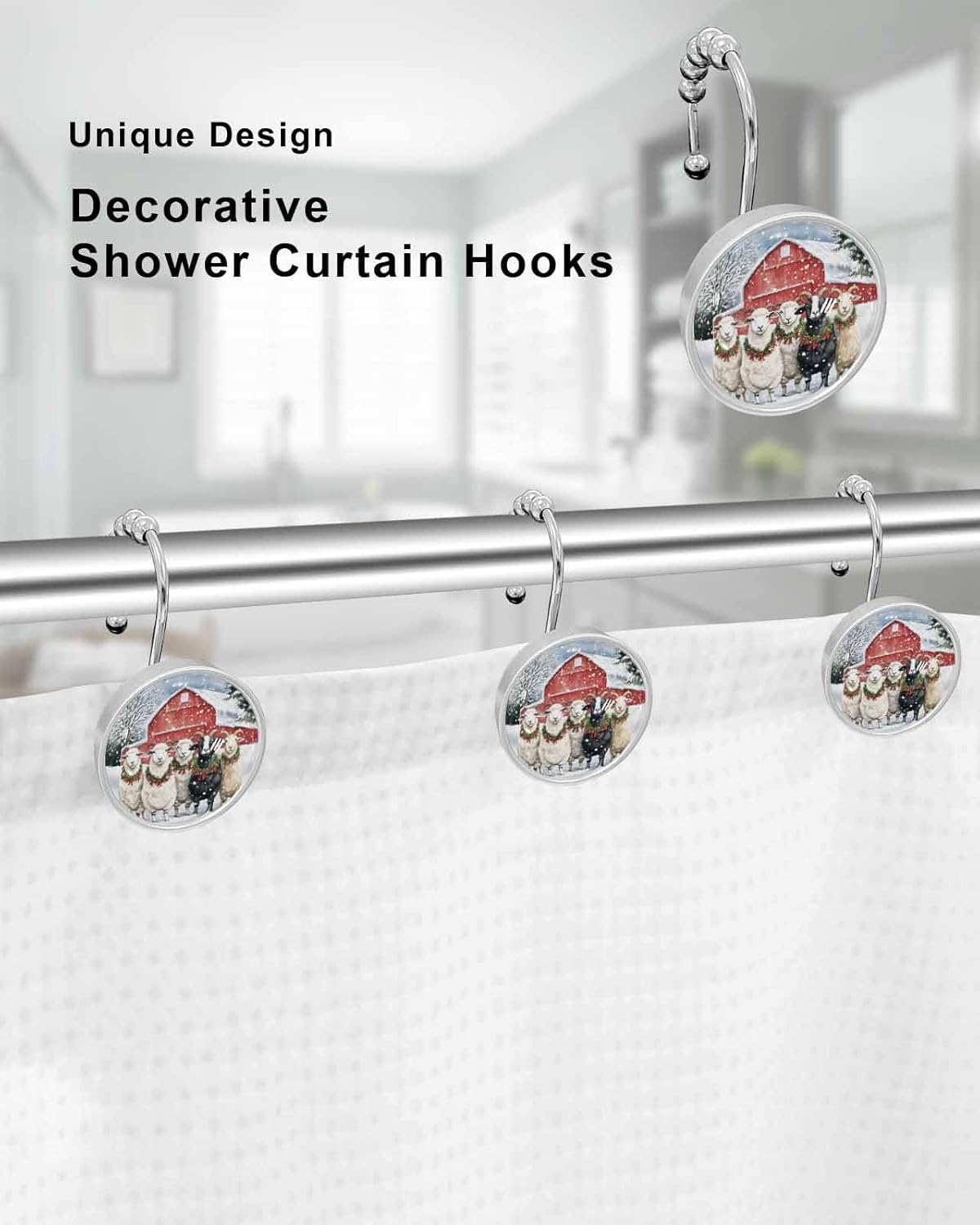 Shower Curtain Hooks 12 Pcs Winter Christmas Goat Red Farmhouse Snowy Stainless Steel Rust Proof Rolling Shower Curtain Rings, Decorative Shower Curtain Hooks Hangers for Bathroom