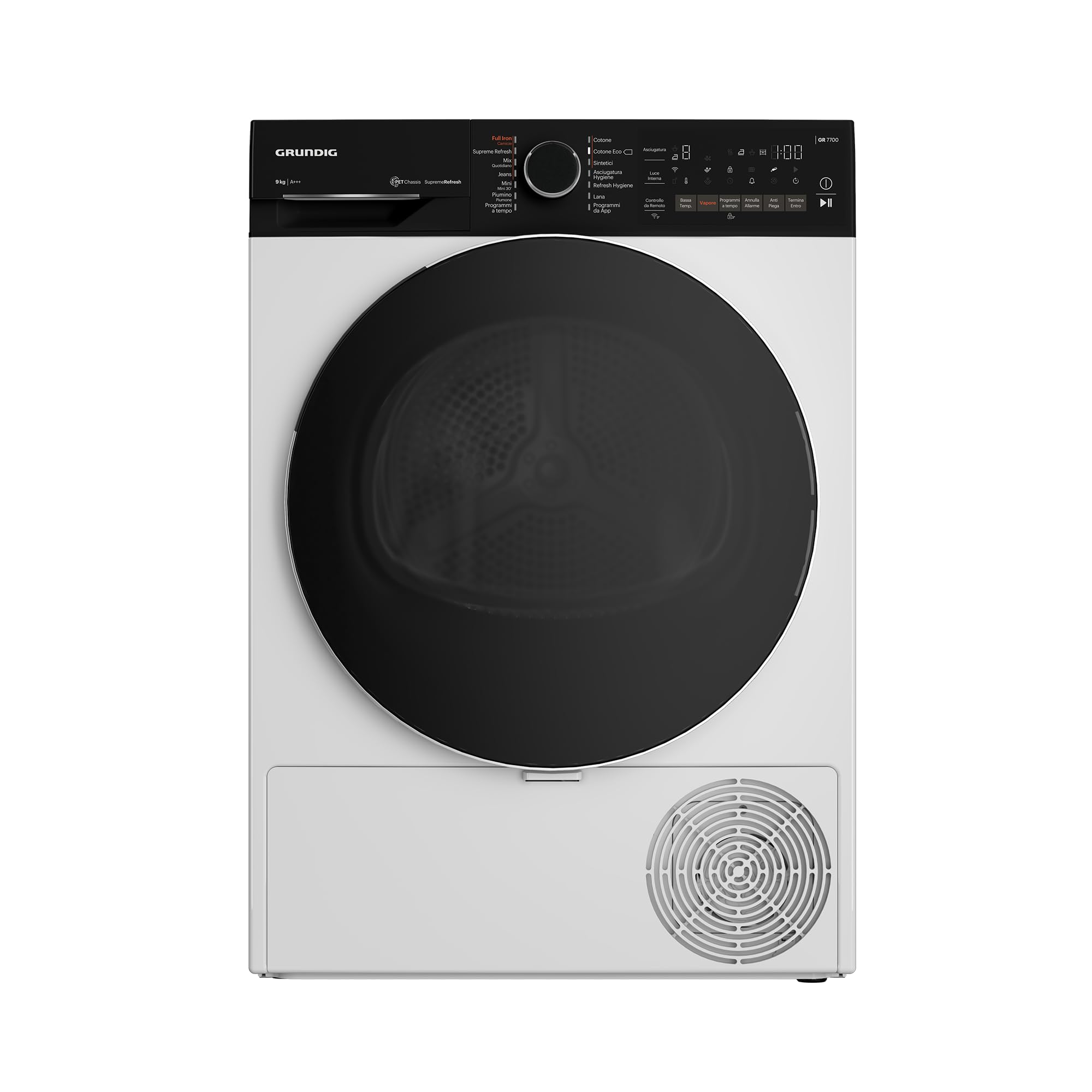 GRUNDIG - GTP6324WI-IT - Asciugatrice 9kg, Classe A+++, Display Touch PRO, VAPORE SupremeRefresh, porta reversibile, Wi-Fi, dba 63 AxLxP 84x60x65,3