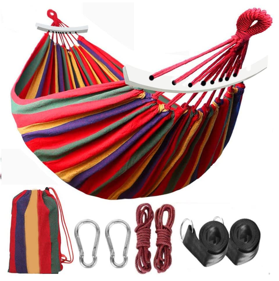 Jaffiust Brazil Double Hammock - Soft Canvas Cotton Hammock for 2 Persons with Tree Straps - Portable Hammock with Walking Bag for Terrace Garden Backyard, Outdoor/Indoor (Red, 1.9m*1.5m)