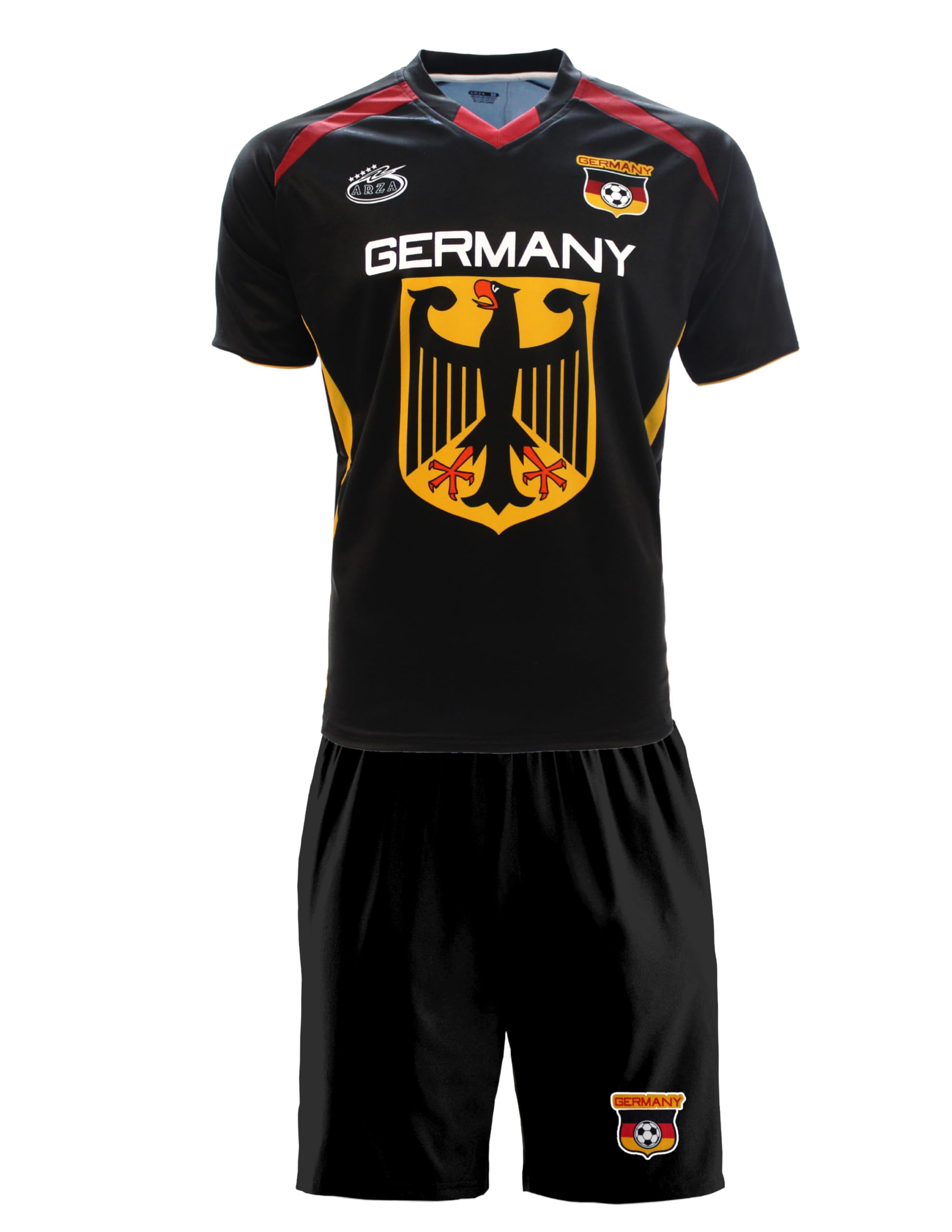 Soccer Uniform Set, Adult Size Jersey and Shorts, Short Sleeve, Polyester, Sublimated Design (Large, Germany Black)