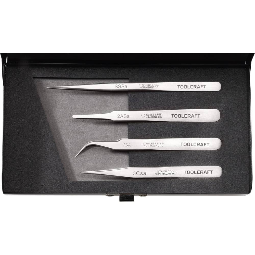 TOOLCRAFT 816747 Jeu de pinces brucelles 4 pièces SS SA, 2a SA, 7 SA, 3c SA plate, ronde, pointe en forme de faucille,