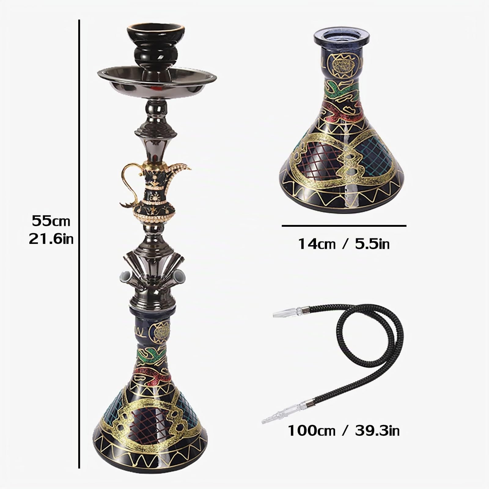 Set di Narghilè a 2 o 4 Tubi, Narghilè in Vetro da 21 Pollici con Base Stabile in Vaso di Vetro, Ciotola in Ceramica e Posacenere con Pinze per Carbone, Senza BPA, Regalo Pronto (Size : 2 Hoses)