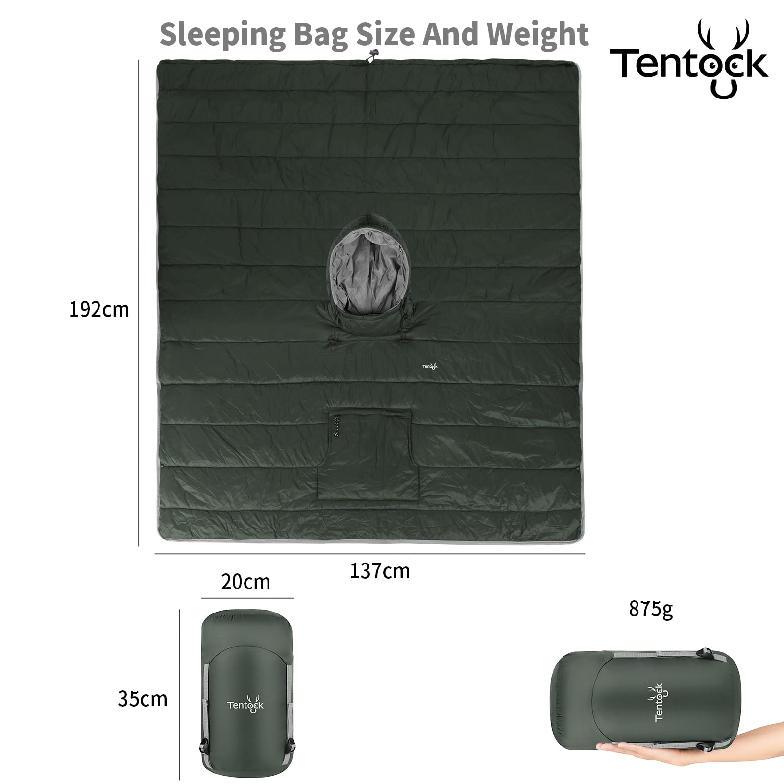 Tentock Zimowe ponczo z wiatroszczelną peleryną do noszenia, ponadwymiarowy bawełniany koc z kapturem z kapturem wodoodporny ultralekki śpiwór na kemping, trekking, podróż, dom, biuro