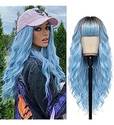 Verna Blue Wavy Wig with Bangs, 26'' Long Blue Wigs for Women, Natural Looking Blue Hair Wigs, Ea...