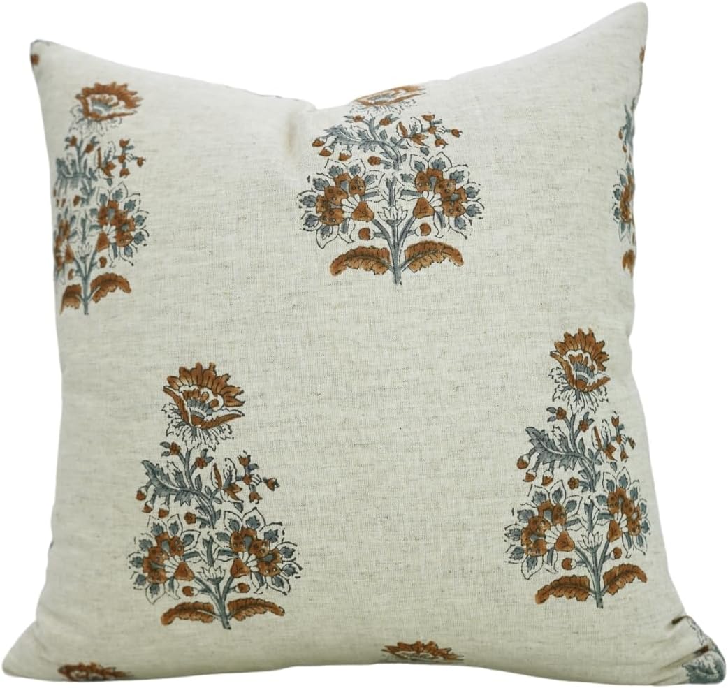 Handmade Block Print 20x20 Inches Cotton Linen Throw Decorative Pillowcase Cushion Cover for Sofa, Couch, Living Room, Boho Home Décor for Home & Farmhouse, Govardhan, Brown