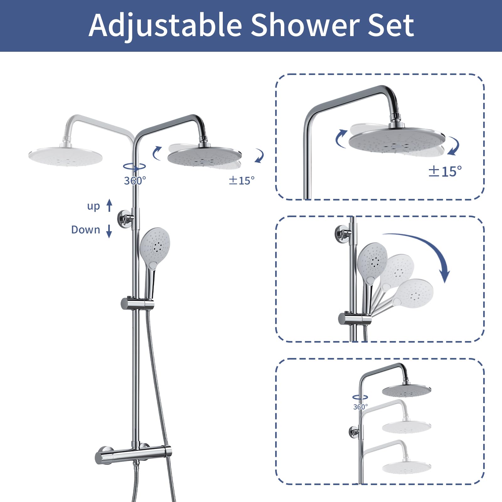Duschsystem mit Armatur Chrom Runden Duschset ohne Thermostat aus Messing | Duscharmatur Komplettset Höhenverstellbar 80-117cm, Duschamaturenset mit 22 cm Regendusche, 3 Strahlarten Handbrause, 150mm