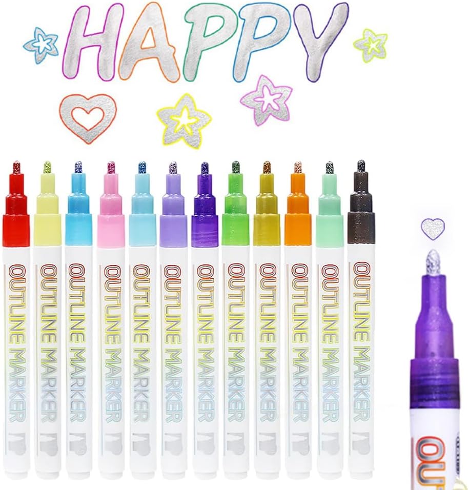 JUDUNA 2025 New Marker Pen for Highlight, Dual-Line Highlighter Outline Marker Set, Metallic Paint Markers for Black Paper Pens Glitter Markers Scrapbook Supplies (Color#12)