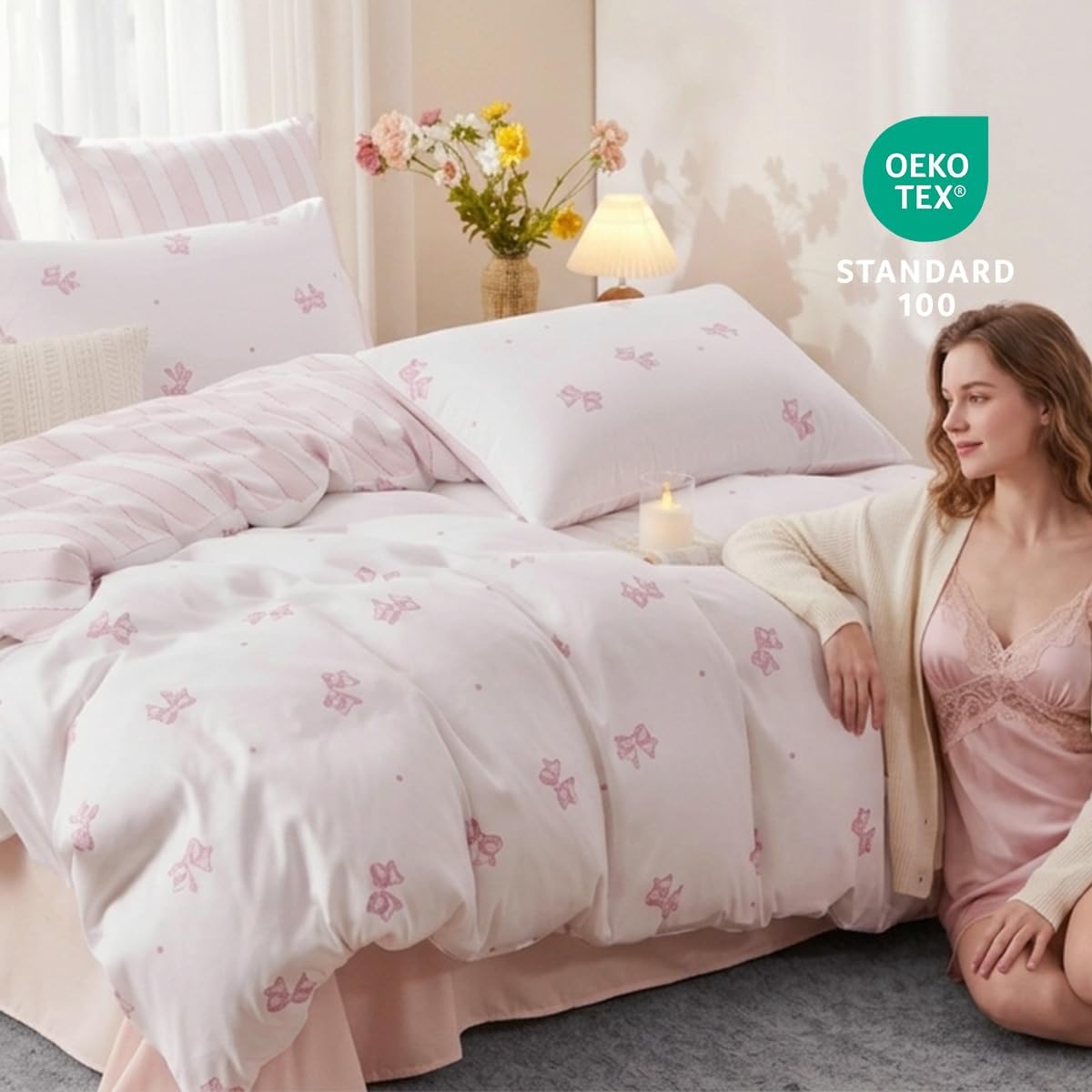 Twin Size Duvet Cover - Pink Bowknot on Side A, White & Pink Vertical Stripes on Side B, Comforter Cover Soft & Lightweight Microfiber Quilt Cover with Zipper Closure and 1 Pillowcase