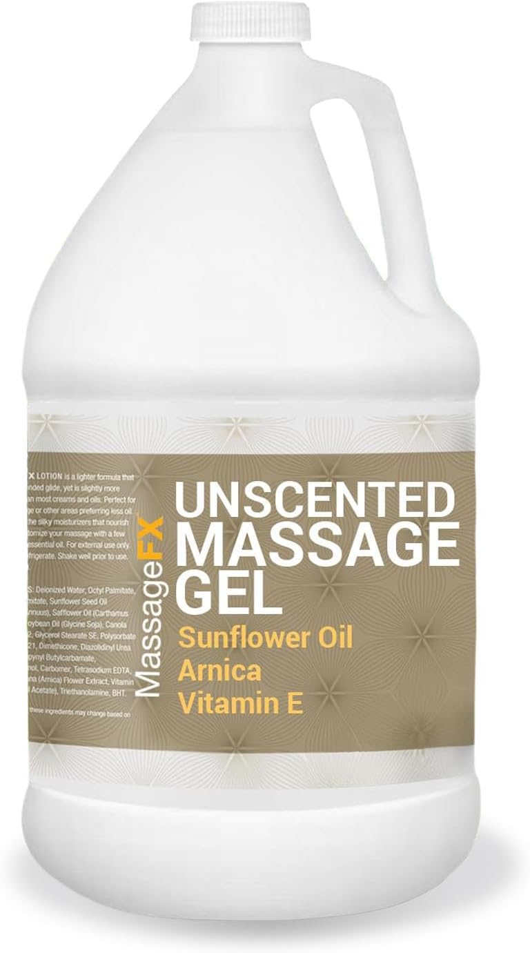 Massage Gel by Massage FX - 100% Pure Jojoba & Sunflower Seed Oil - Herbal Extracts Ivy, Arnica & Aloe - Unscented - Max Workability & Glide - Perfect for Full Body Massages - Paraben Free - 1 Gallon