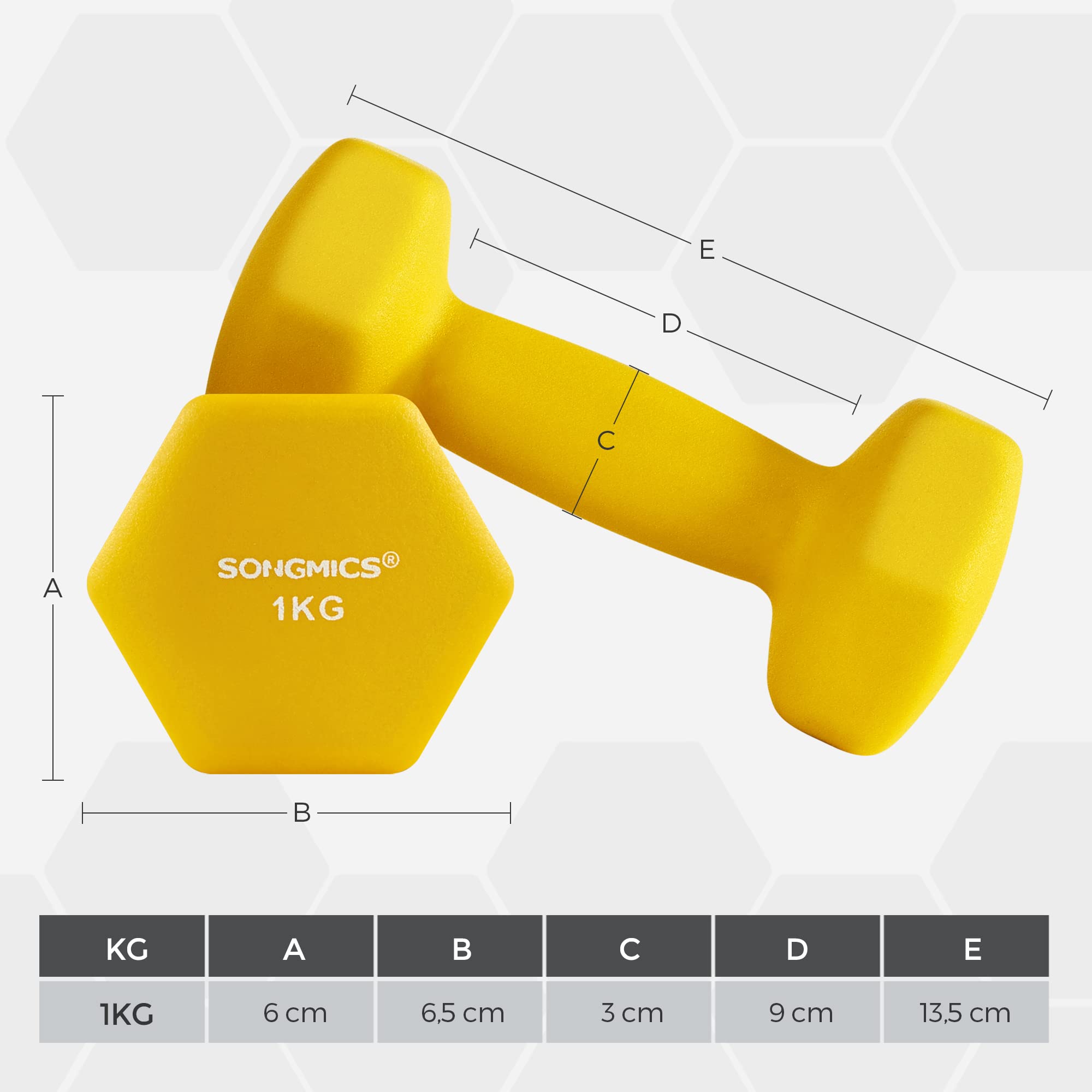 SONGMICS Hantle krótkie, zestaw 4 sztuk, w tym 1 kg, 2 z czego 1,5 kg, trening siłowy, do domu, biura, studia fitness, pomarańczowe i żółte SYL622YL