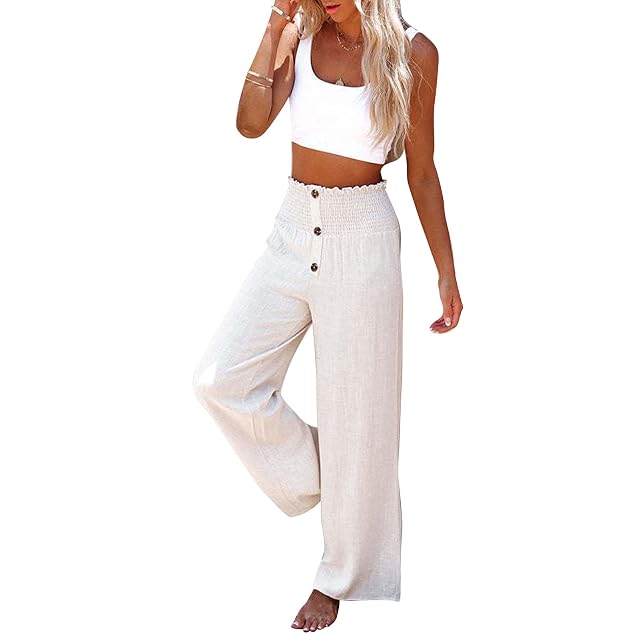 GOTOTOP Womens Casual Loose Pants Comfy Cropped Work Pants Wide Leg Trousers Button Trim Pants XL-White