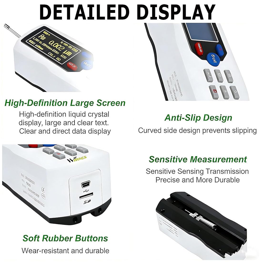 Tester di rugosità superficiale, misura portatile per ispezione di pezzi di precisione, risoluzione 0,001 μm, rilevamento versatile Ra, Rz, Rq, Rmax