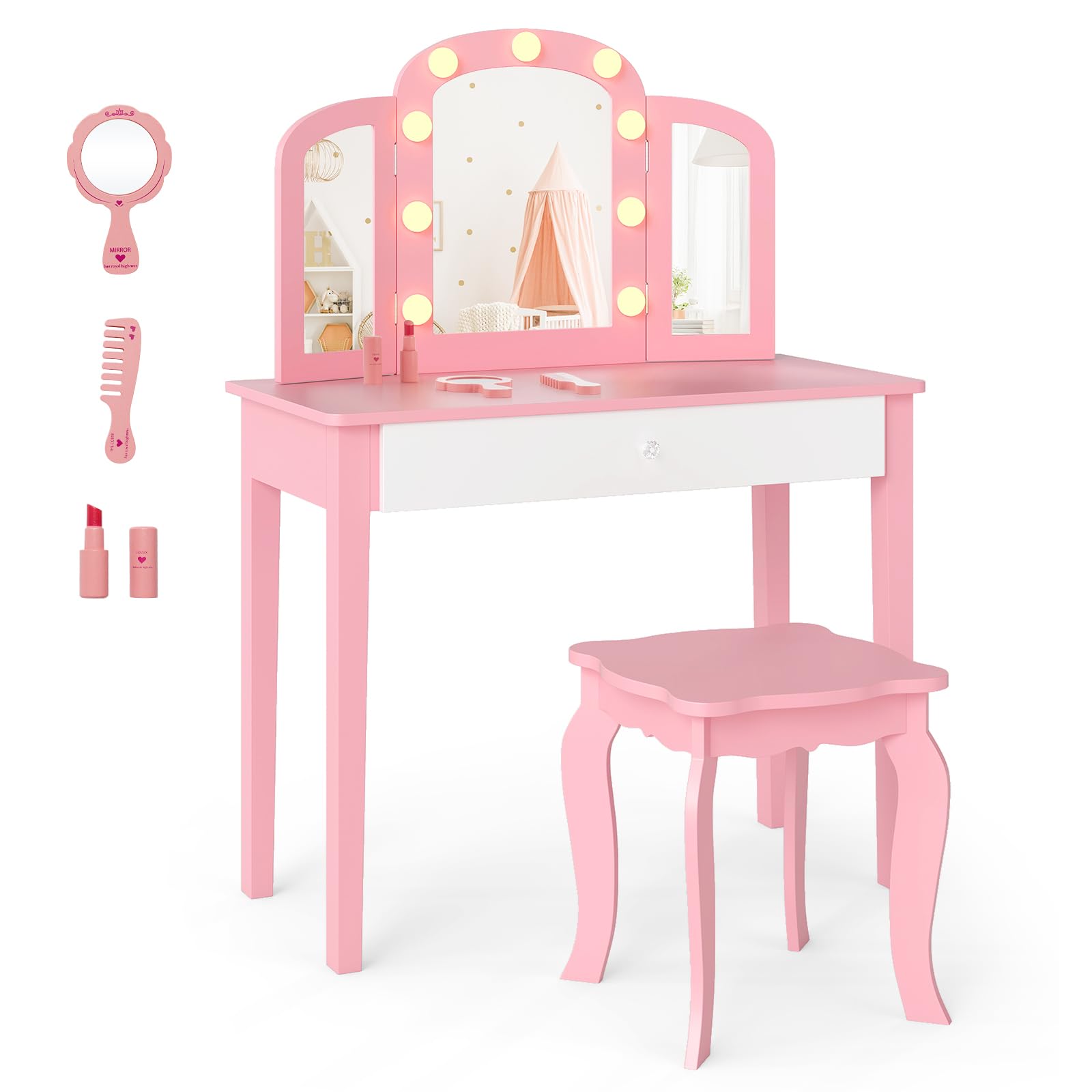 COSTWAY 2 in 1 Kinder Schminktisch mit Beleuchtung, Frisiertisch mit Schublade, klappbarem & 3 farbigem Spiegel, Prinzessinnen Kosmetiktisch mit Hocker, Schminkkommode für Mädchen ab 3 Jahren (Rosa)