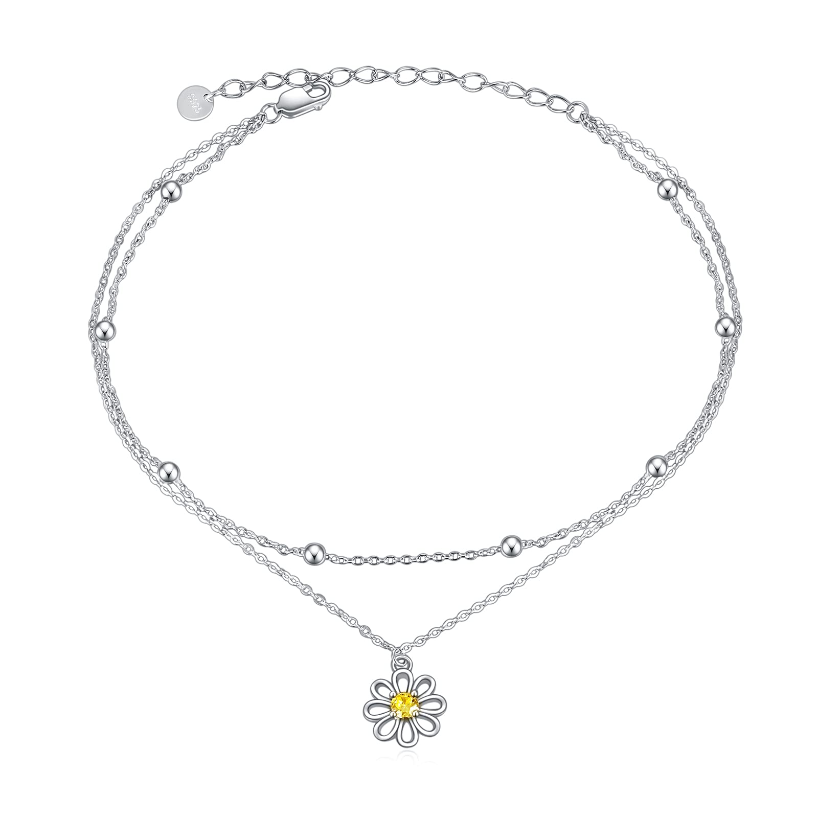 POPLYKE 925 Sterling Silver Double Layered Chain Evil Eye Daisy Sunflower Butterfly Anklets for Women Holiday Beach Crystal Ankle Bracelet Dainty Evil Eye Jewelry
