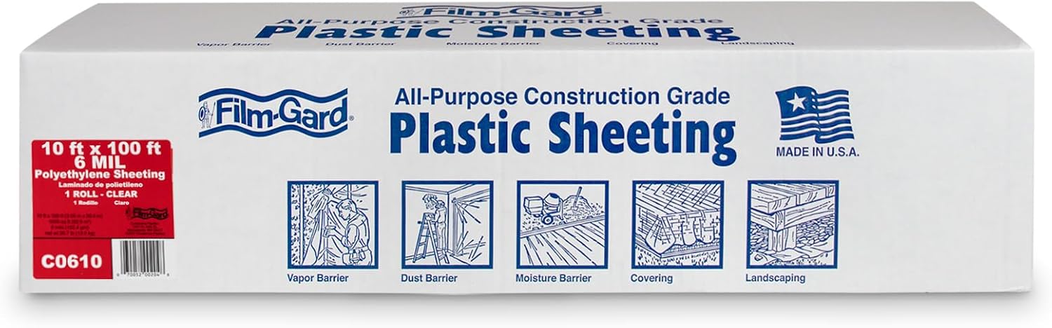 626033 Construction Plastic Sheeting 10' Width X 100' Length X 6 mil Thick, Clear, 1 Count 10'x100' Clear