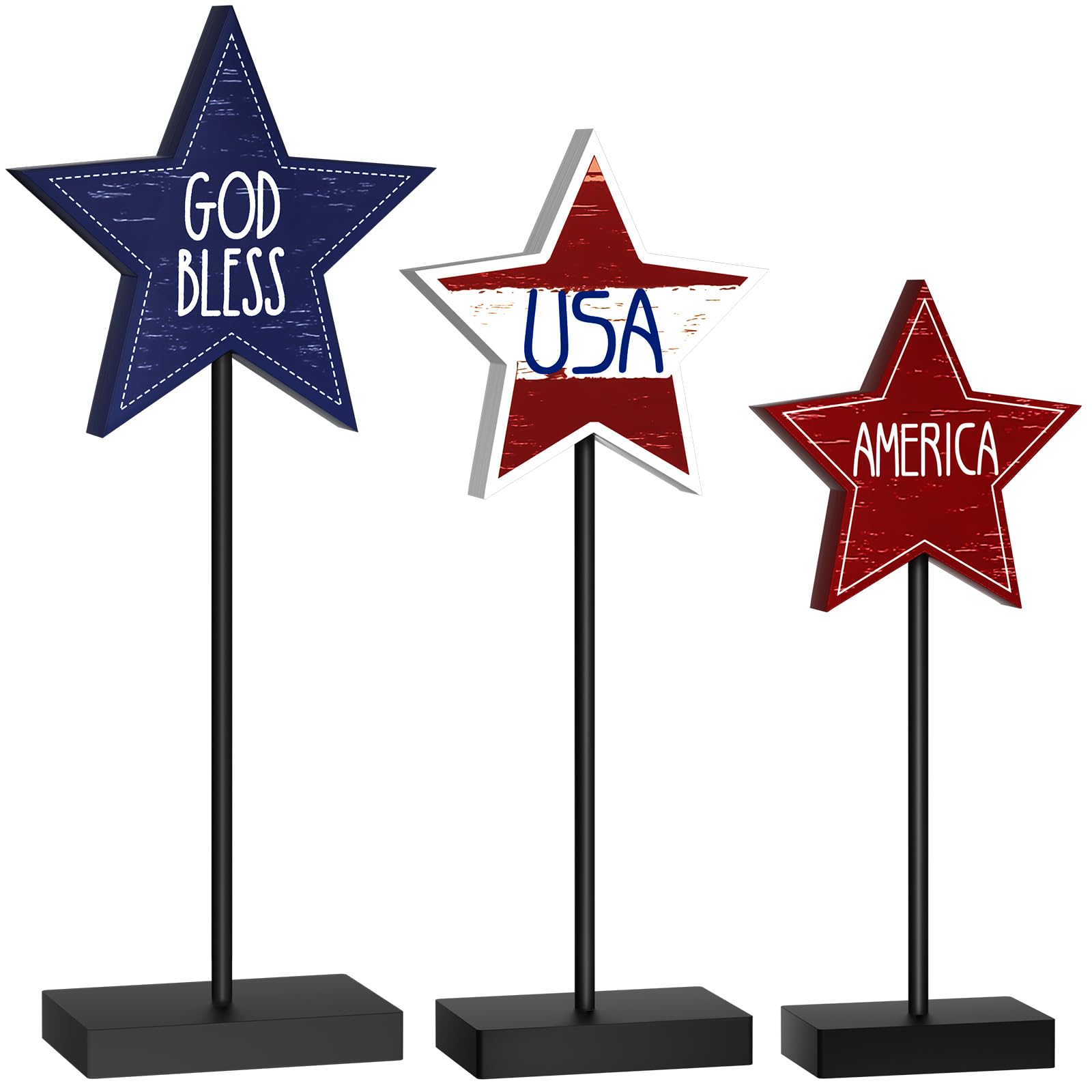 3 PCS 4th of July Wood Star Table Sign, Wooden Patriotic Table Centerpieces, Rustic Memorial Day Table Decorations, Wood Standing Star, Red White and Blue Decorations for Home Office (Text)