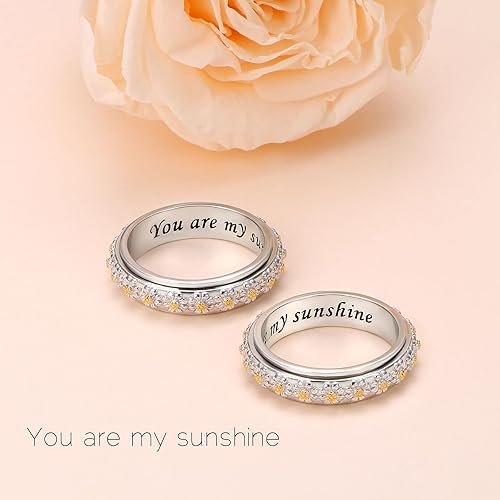 Miniatura 7 de Ladytree Anillo giratorio para aliviar la ansiedad con margaritas You Are My Sunshine Flower Fidget Ring de plata esterlina TDAH para aliviar el
