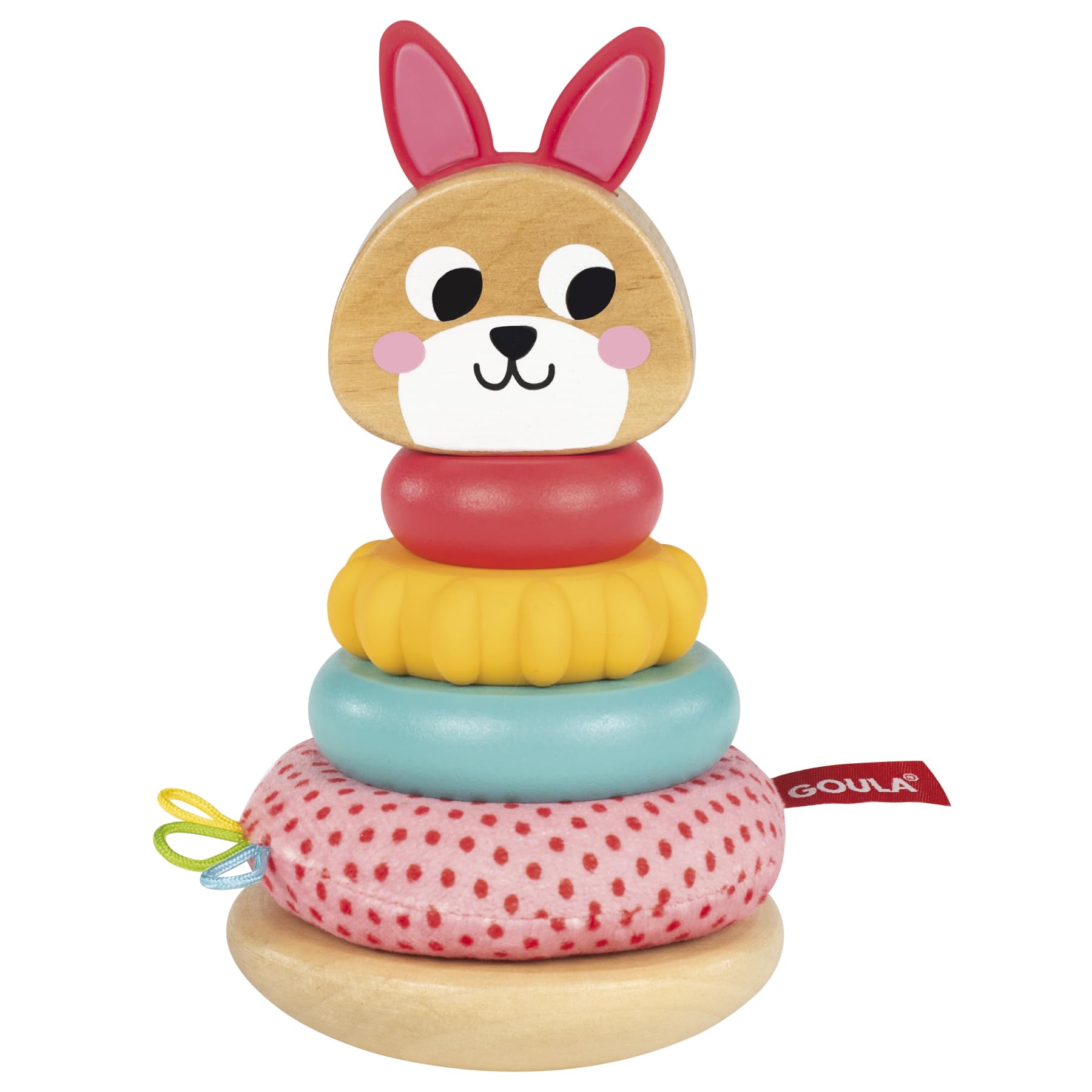 Goula Stacking Rabbit - Stapelhase – Sensorisches Stapelspielzeug mit strukturierten Holz, Silikon & Stoffringen für Motorik & Tastsinn – Babyspielzeug für Kinder ab 12 Monaten