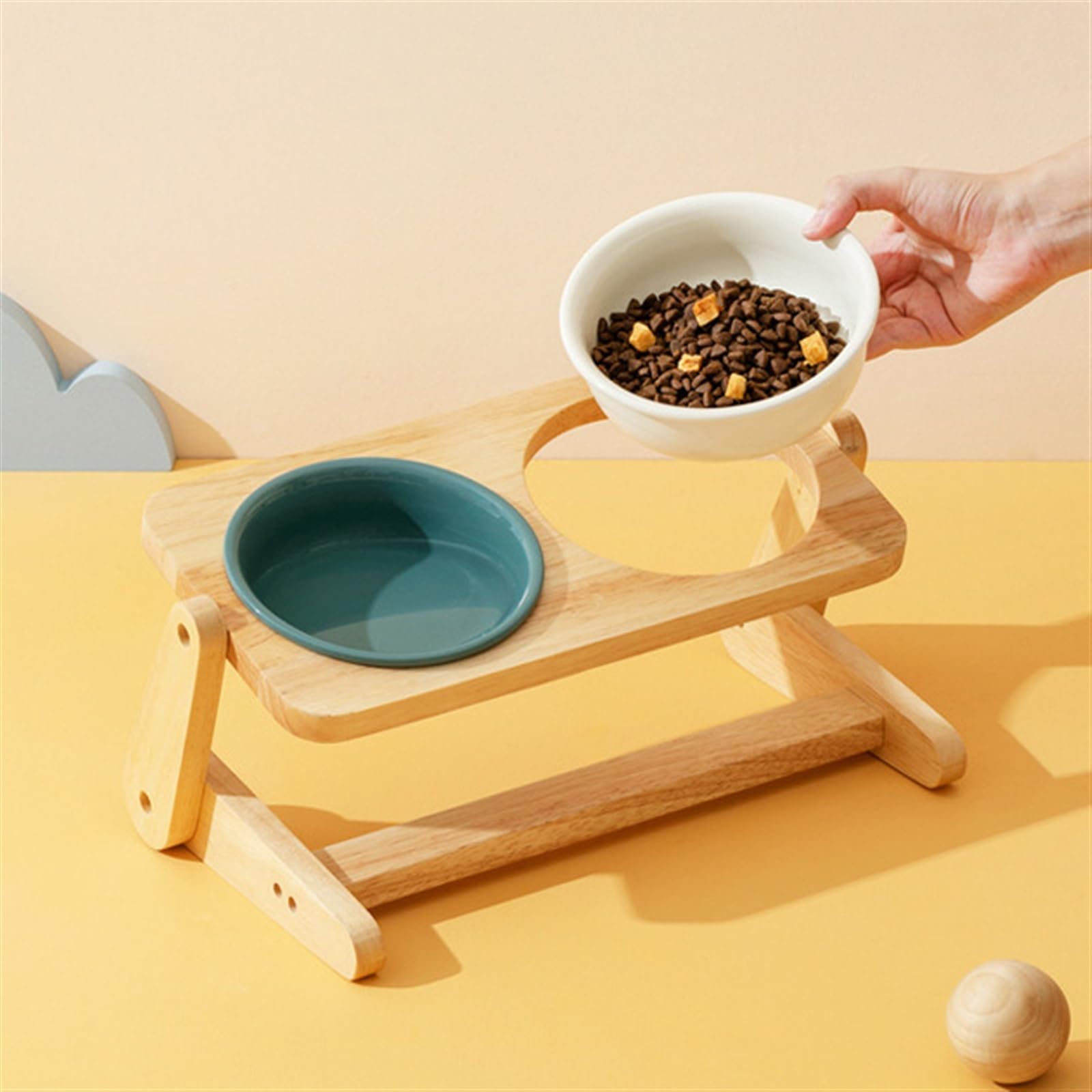 PUIOKA Cuenco de cerámica para Mascotas con Soporte de Madera con ángulo Ajustable, Adecuado para Perros y Gatos