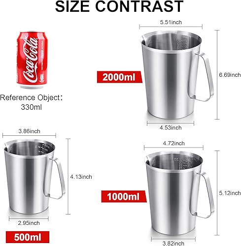 Miniatura 4 de Tazas medidoras de acero inoxidable, 3 piezas, jarra medidora con asa, taza medidora con marcas para arte con leche, verter agua de 16 onzas (2