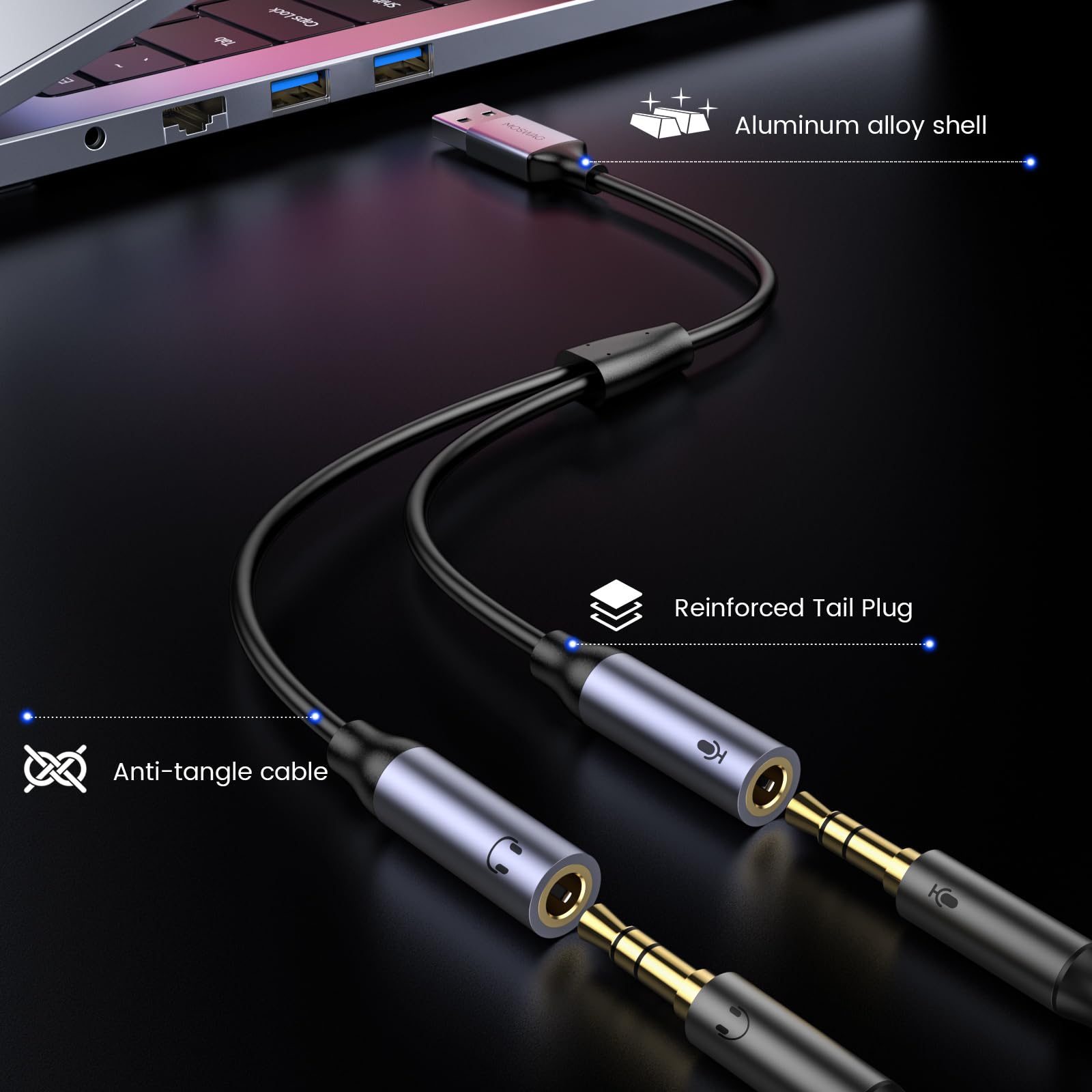 MOSWAG Tarjeta de Sonido USB Externa Soporta Auriculares y Micrófono, Adaptador USB a Jack de 3,5 mm para Auriculares Compatible con Windows, Laptops, Desktops Windows, Mac, Linux, PC, PS4